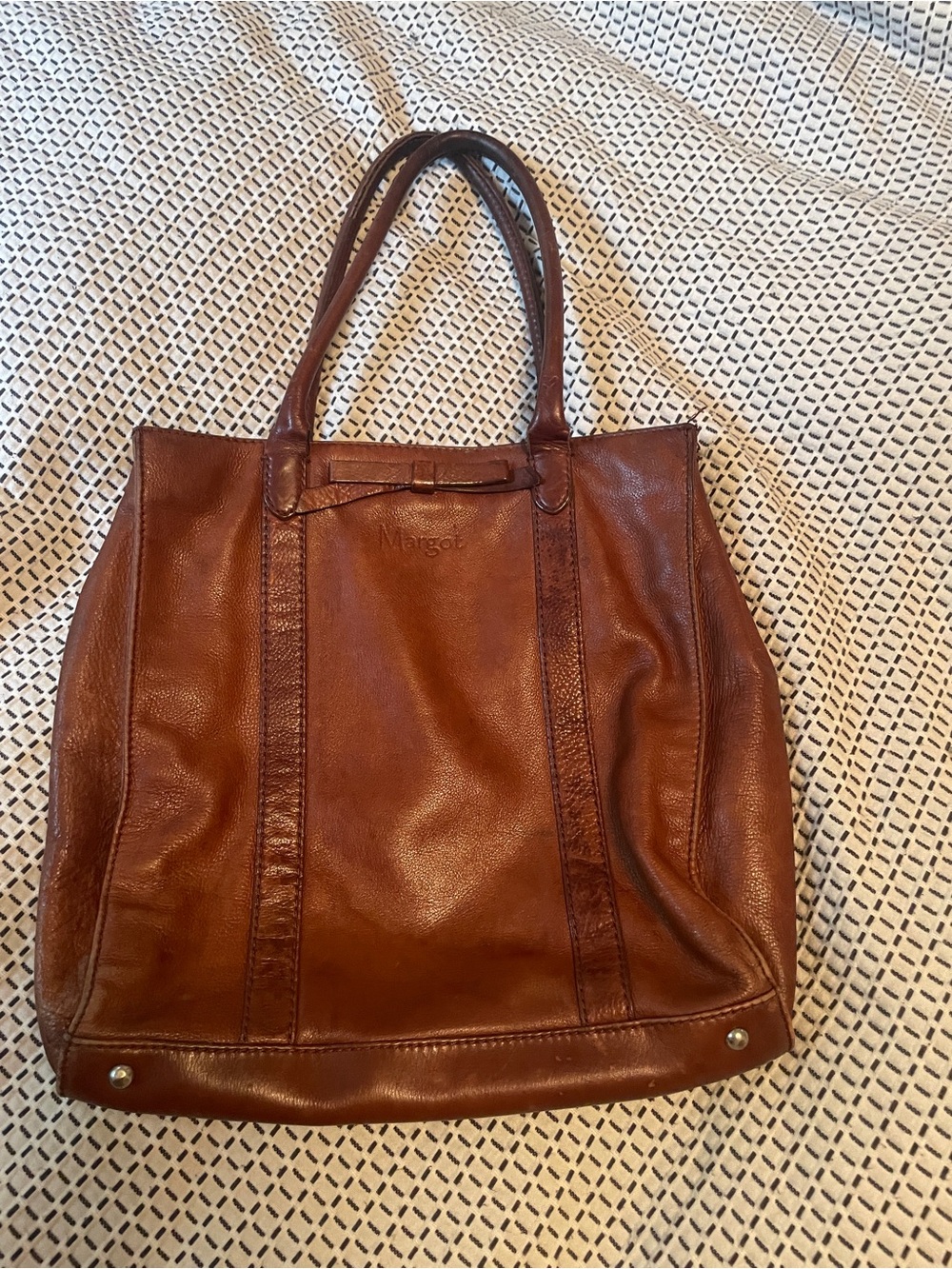 Margot Genuine Leather Tote Bag — Brown, Passport Stamp Lining